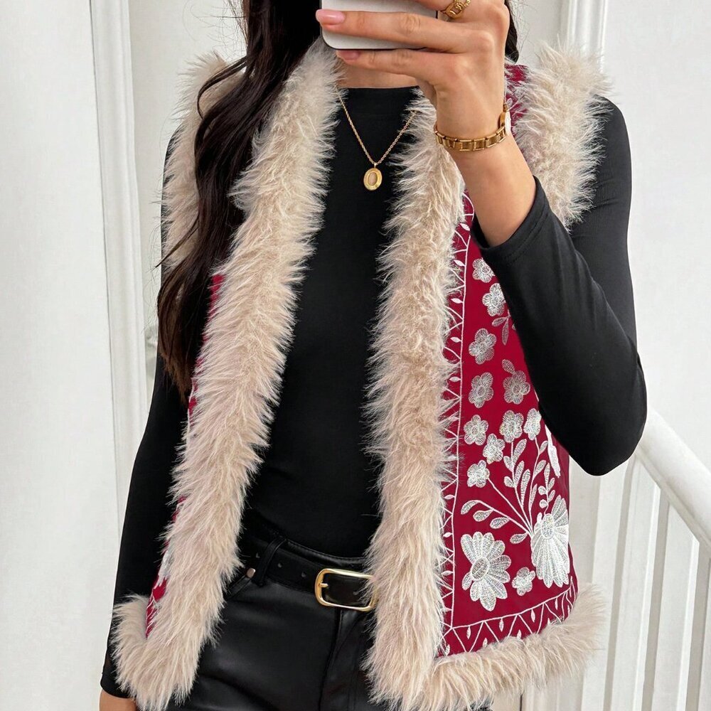Burgundy Casual Women's Floral Patchwork Furry Vest Padded Padded Coat - Picture 4 of 5
